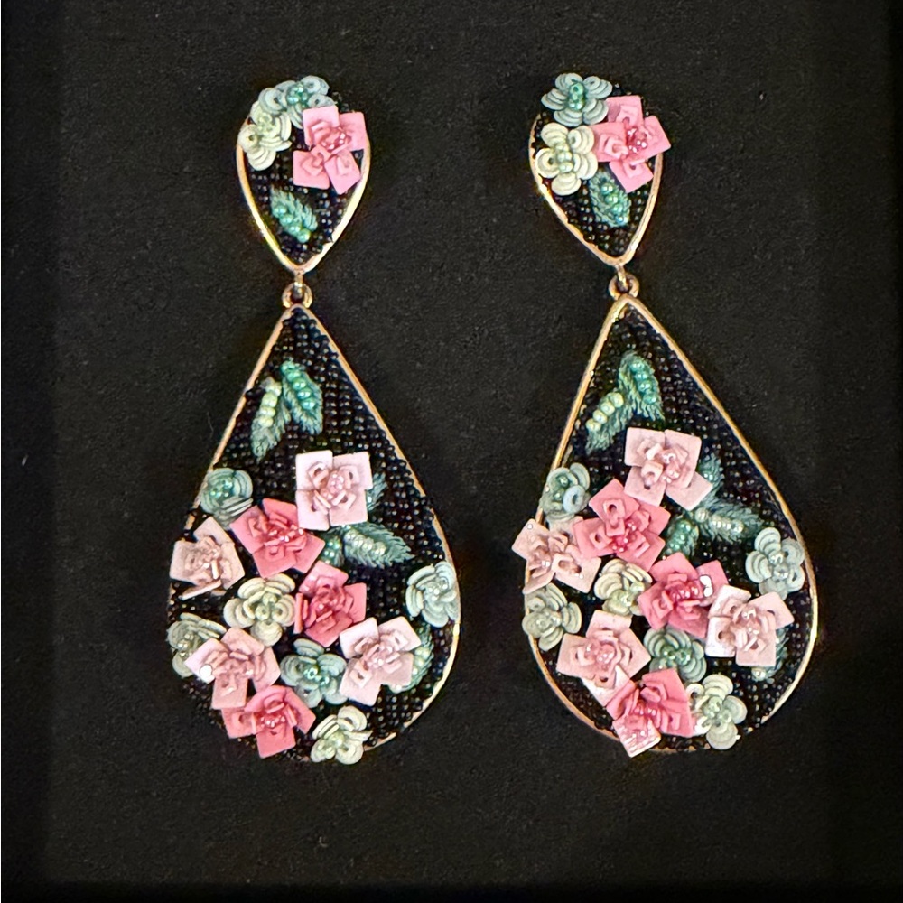 Mignonne Gavigan Floral Drop Earrings with Pink and Green Accents
